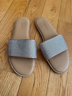Cat & Jack Beige Slide Sandals with Silver Crystal Strap
